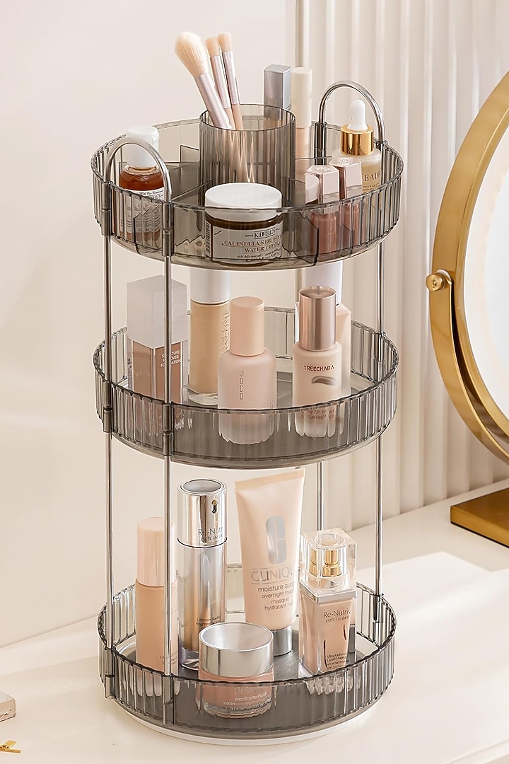 Grey Plastic & Metal Three-Tier Rotating Makeup Organizer by Mason Home at Pernia's Pop Up Shop
