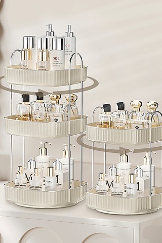Cream White Plastic & Metal Two-Tier Square Rotating Makeup Organizer by Mason Home