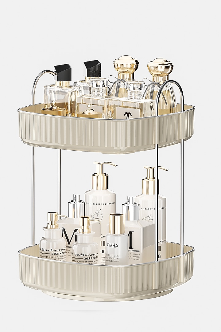 Cream White Plastic & Metal Two-Tier Square Rotating Makeup Organizer by Mason Home at Pernia's Pop Up Shop