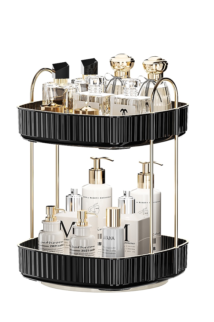 Elegant Black Plastic & Metal Two-Tier Square Rotating Makeup Organizer by Mason Home at Pernia's Pop Up Shop