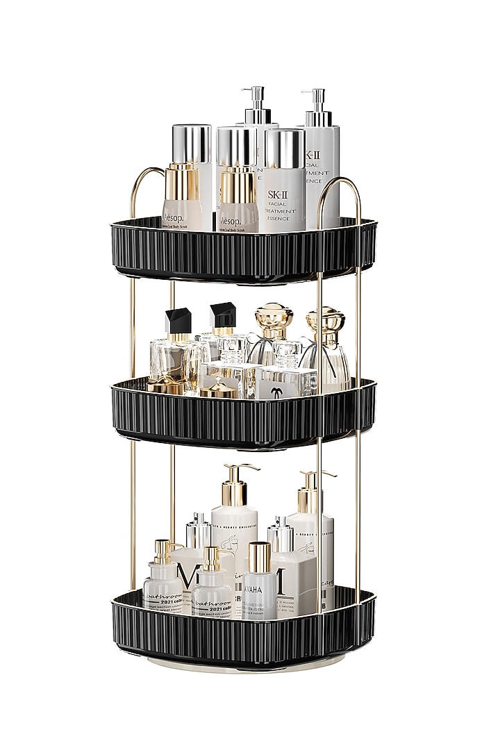 Elegant Black Plastic & Metal Three-Tier Square Rotating Makeup Organizer by Mason Home at Pernia's Pop Up Shop