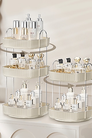 Cream White Plastic & Metal Three-Tier Square Rotating Makeup Organizer by Mason Home