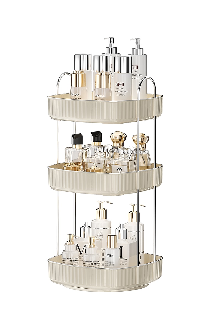 Cream White Plastic & Metal Three-Tier Square Rotating Makeup Organizer by Mason Home at Pernia's Pop Up Shop