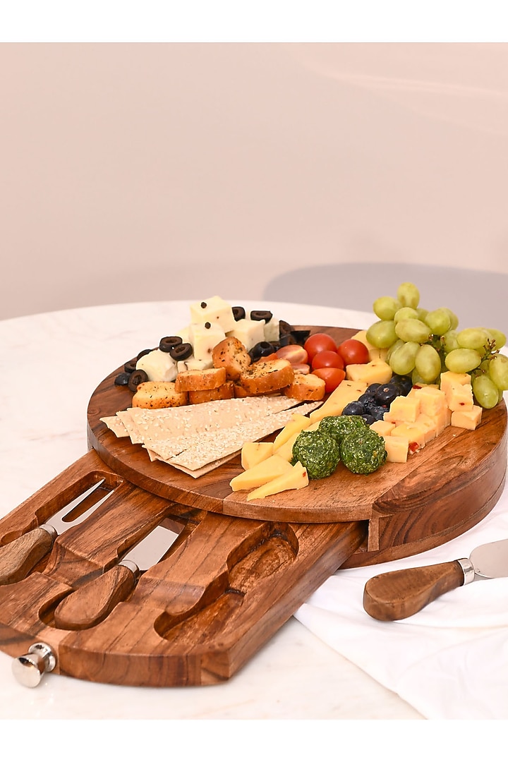 Brown Stockholm Wooden Cheese Platter With Knives by Mason Home at Pernia's Pop Up Shop