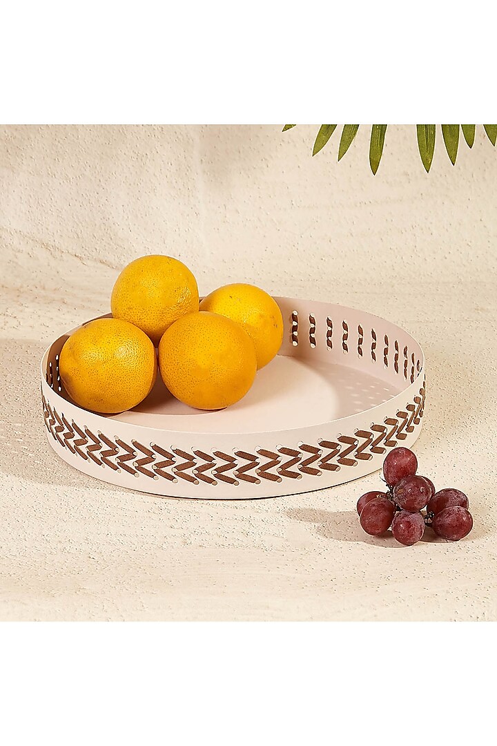 Ivory Metal & Faux Leather Round Serving Tray by Mason Home at Pernia's Pop Up Shop