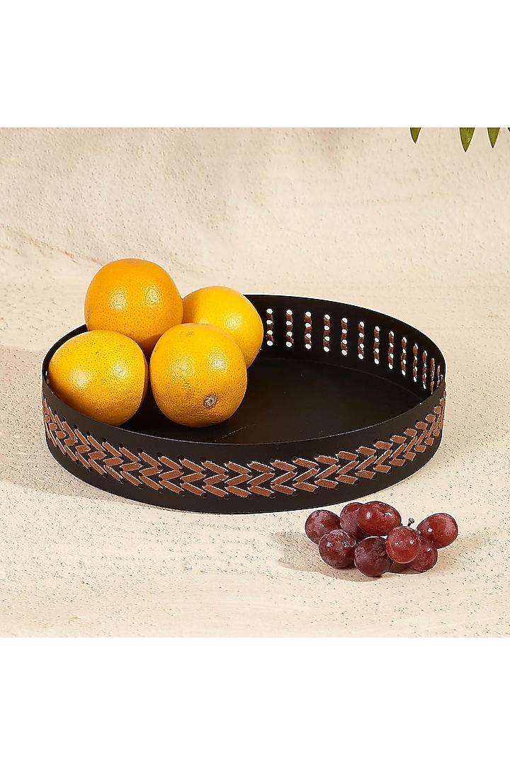 Black Metal & Faux Leather Round Serving Tray by Mason Home at Pernia's Pop Up Shop