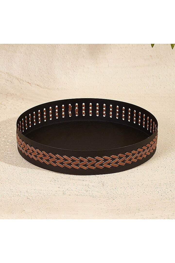 Black Metal & Faux Leather Round Serving Tray by Mason Home at Pernia's Pop Up Shop