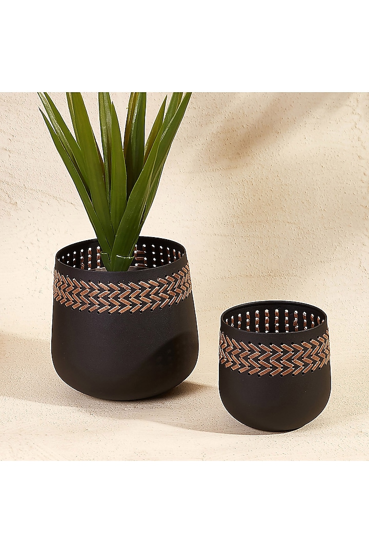 Black Metal & Faux Leather Planter by Mason Home at Pernia's Pop Up Shop