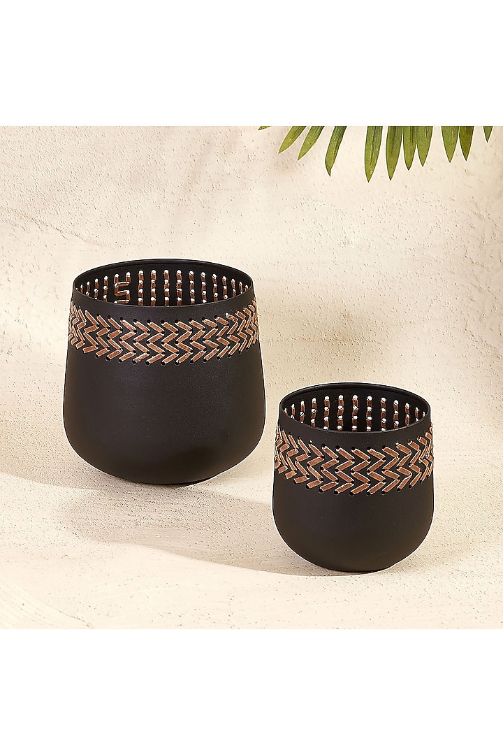 Black Metal & Faux Leather Planter by Mason Home at Pernia's Pop Up Shop