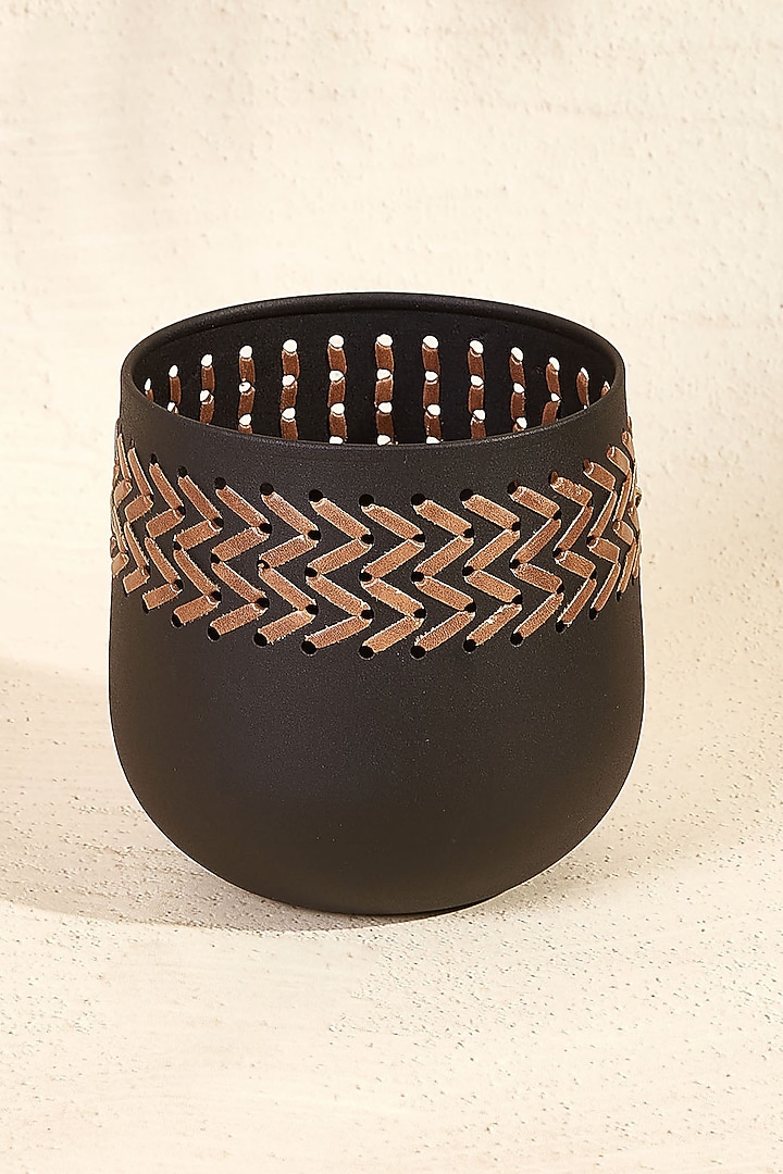 Black Metal & Faux Leather Planter by Mason Home at Pernia's Pop Up Shop