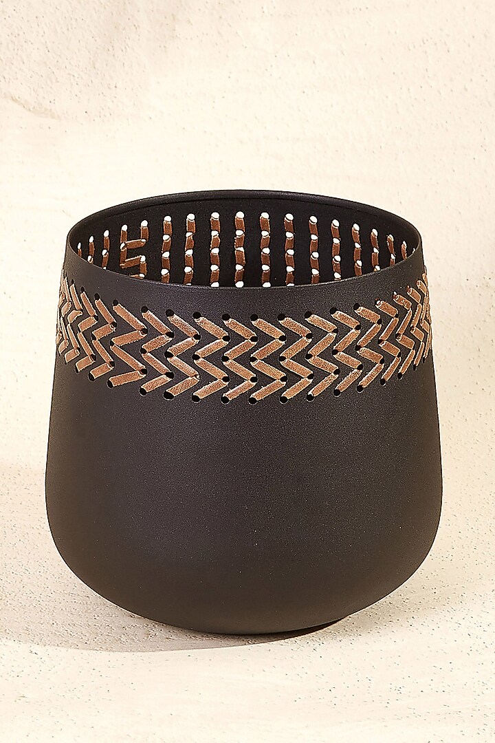 Black Metal & Faux Leather Planter by Mason Home at Pernia's Pop Up Shop