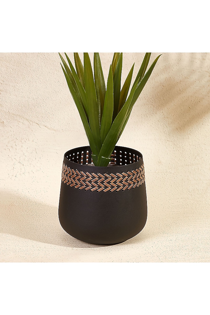 Black Metal & Faux Leather Planter by Mason Home at Pernia's Pop Up Shop
