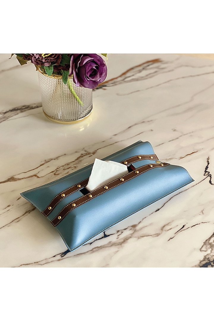 Blue & Brown Vegan Leather Tissue Box Cover by Mason Home