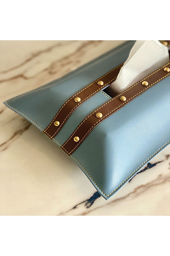 Blue & Brown Vegan Leather Tissue Box Cover by Mason Home at Pernia's Pop Up Shop