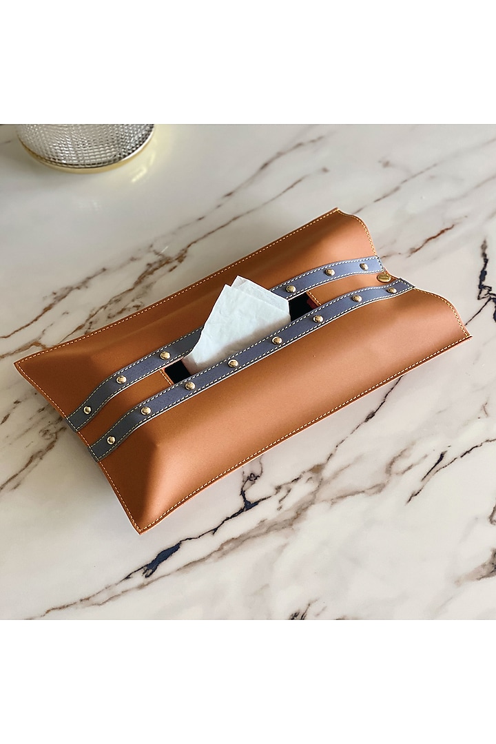 Tan & Gray Vegan Leather Tissue Box Cover by Mason Home