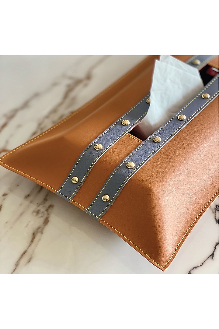 Tan & Gray Vegan Leather Tissue Box Cover by Mason Home at Pernia's Pop Up Shop
