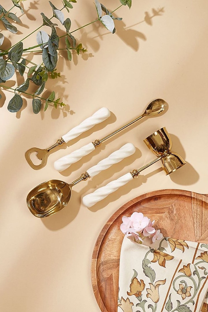 White & Gold Stainless Steel Swirl Ivory Bar Tools (Set Of 4) by Mason Home