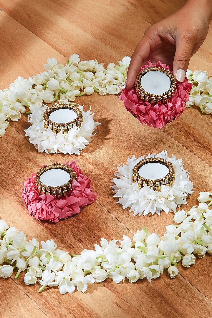 White & Pink Artificial Flower Tea Light Set by Mason Home at Pernia's Pop Up Shop