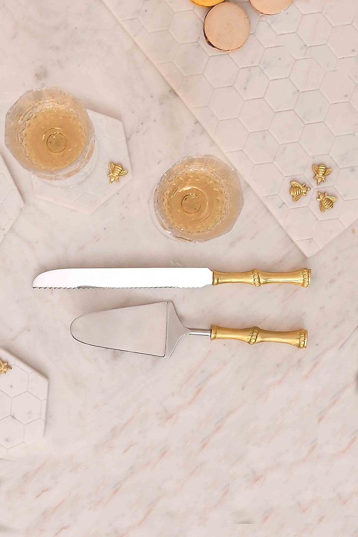 Bamboo Gold And Silver Cake Knife And Server (Set of 2) by Mason Home at Pernia's Pop Up Shop