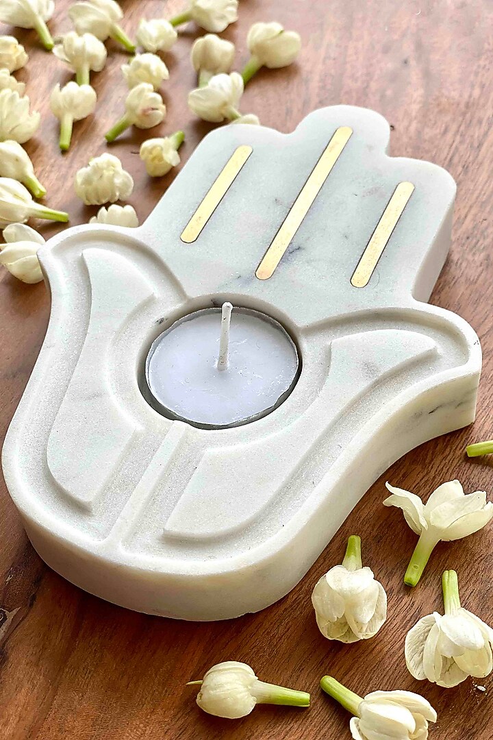 Pichola Marble & Brass Hamsa Votive Holder by Mason Home at Pernia's Pop Up Shop