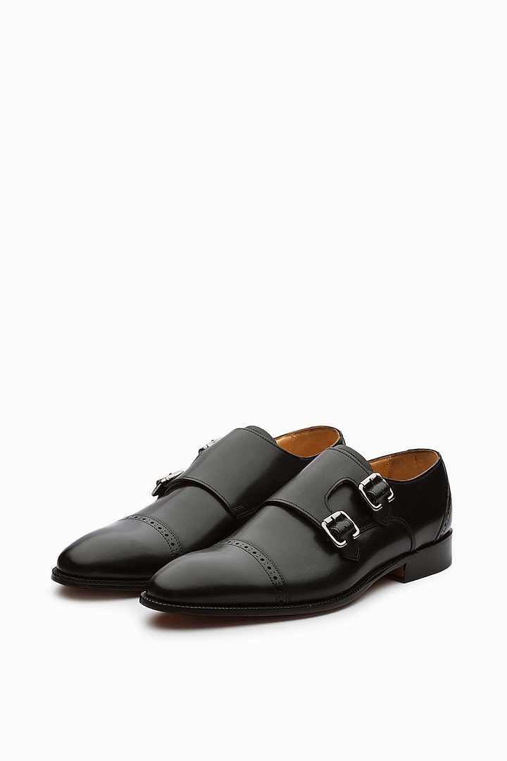 Black Full Grain Calfskin Leather Double Monk Strap Shoes by 3DM Lifestyle
