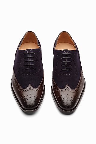 Dark Brown & Navy Blue Suede Brogue Shoes by 3DM Lifestyle