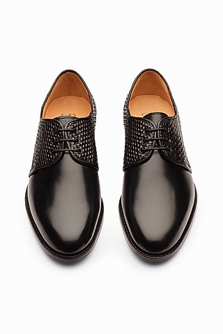 Woven Black Full Grain Leather Brogue Shoes by 3DM Lifestyle