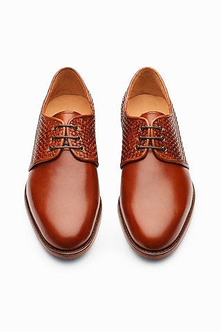 Woven Cognac Full Grain Leather Brogue Shoes by 3DM Lifestyle
