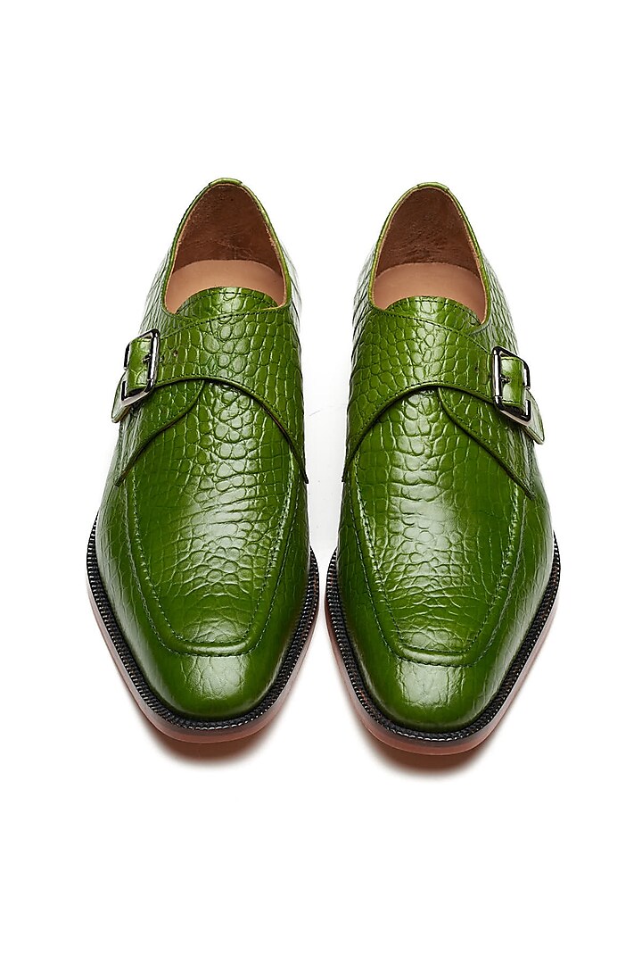 Green Calf Leather Hand Painted Monk Strap Shoes by 3DM Lifestyle