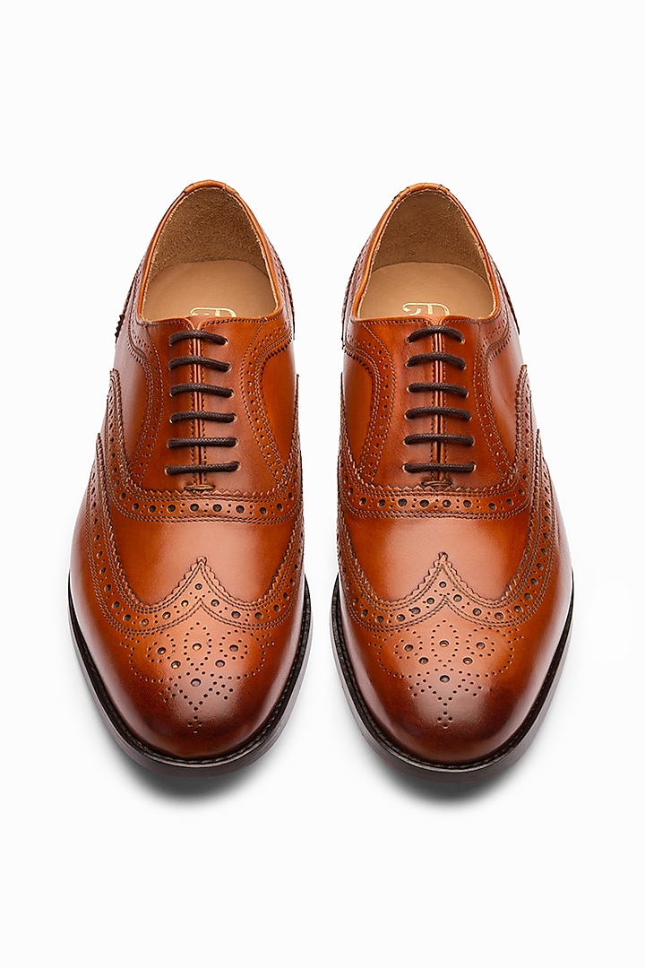 Tan Full Grain Calf Leather Wing-Tip Oxford Shoes by 3DM Lifestyle