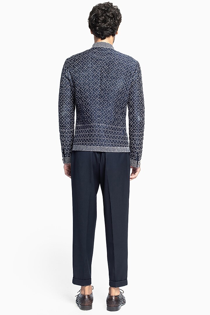 Blue Raw Silk Embroidered Bomber Jacket by Divyam Mehta Men at Pernia's Pop Up Shop