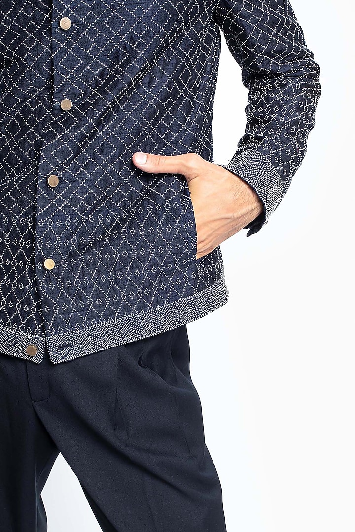 Blue Raw Silk Embroidered Bomber Jacket by Divyam Mehta Men at Pernia's Pop Up Shop