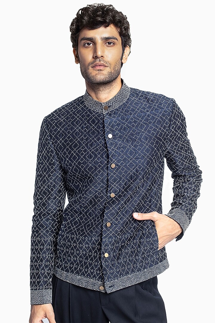 Blue Raw Silk Embroidered Bomber Jacket by Divyam Mehta Men at Pernia's Pop Up Shop