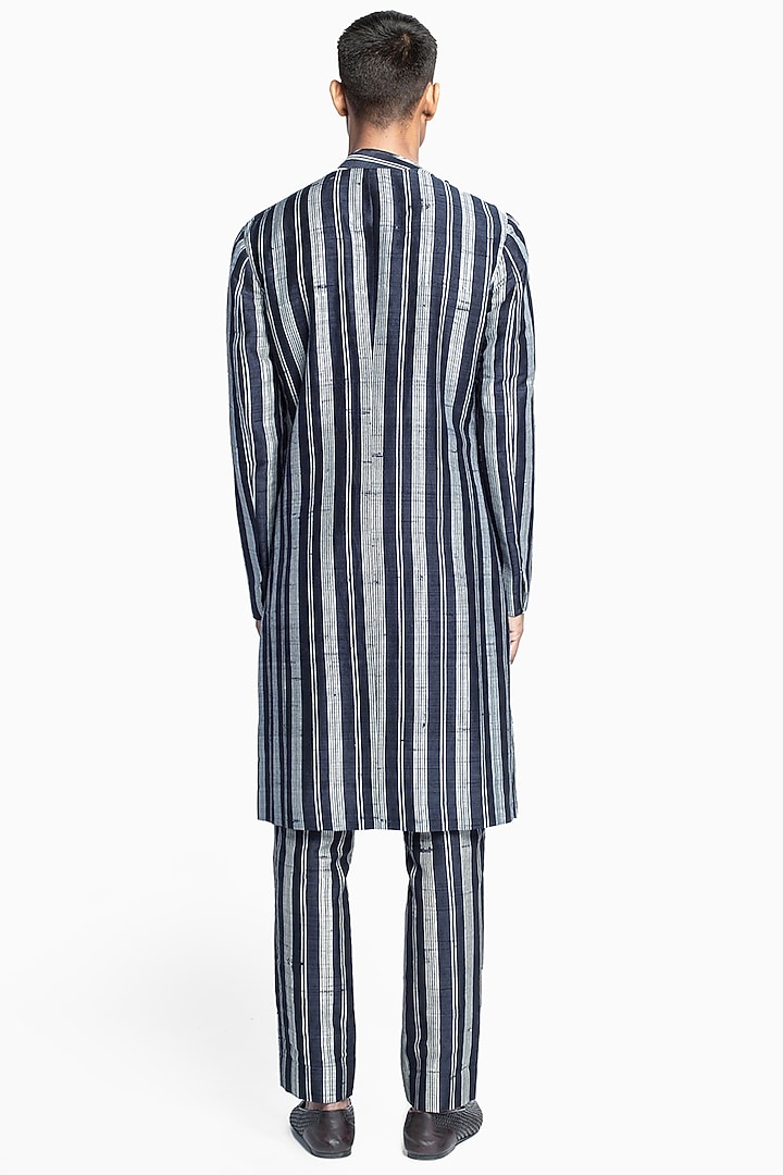 Blue Raw Silk Striped Kurta Set by Divyam Mehta Men at Pernia's Pop Up Shop