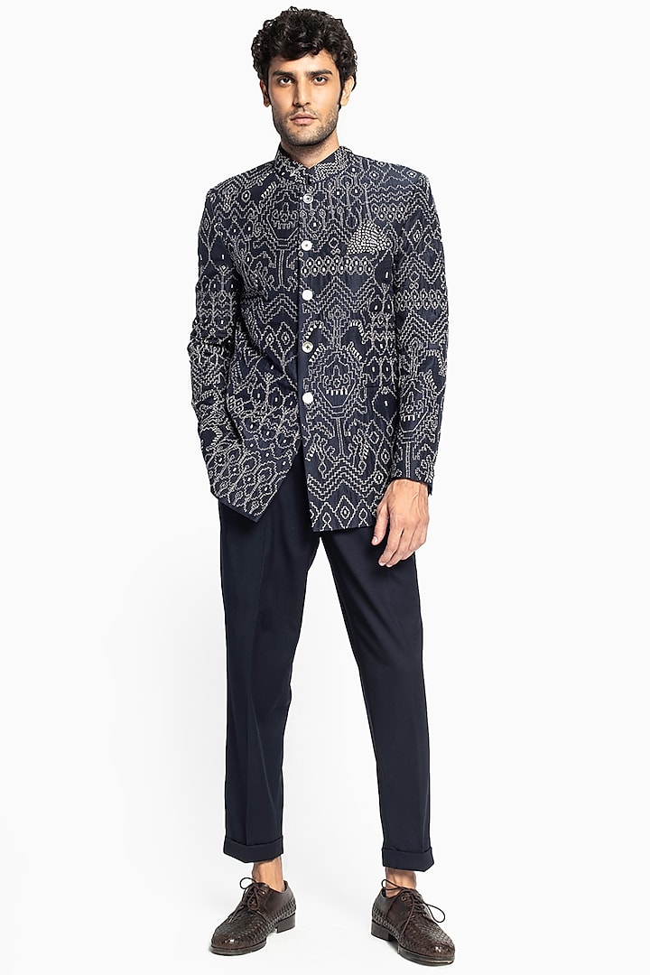 Blue Embroidered Bandhgala Jacket With Trousers by Divyam Mehta Men