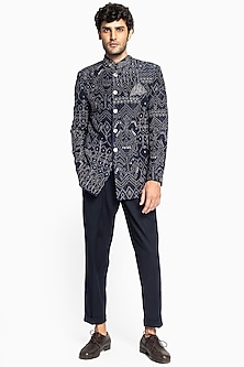 Blue Raw Silk Embroidered Bandhgala Jacket Set by Divyam Mehta Men-POPULAR PRODUCTS AT STORE