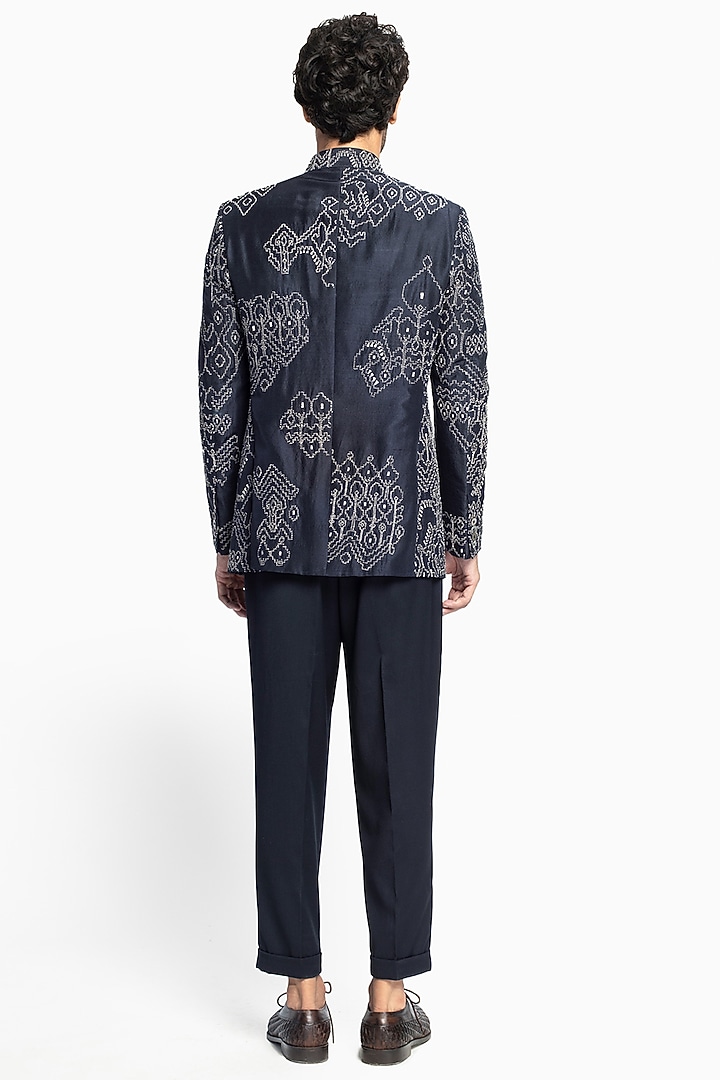 Blue Raw Silk Embroidered Groom Bandhgala Jacket Set by Divyam Mehta Men at Pernia's Pop Up Shop