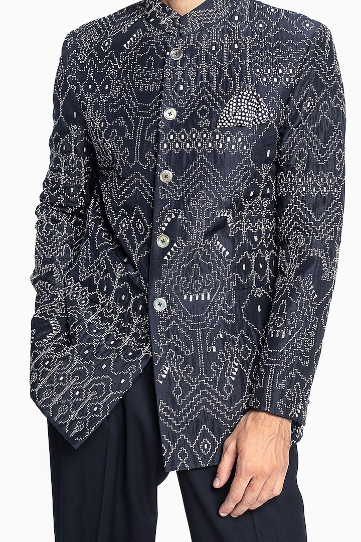 Blue Raw Silk Embroidered Groom Bandhgala Jacket Set by Divyam Mehta Men at Pernia's Pop Up Shop