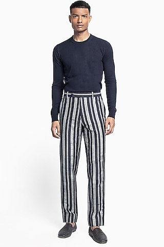 Space Blue Raw Silk Striped Trousers by Divyam Mehta Men
