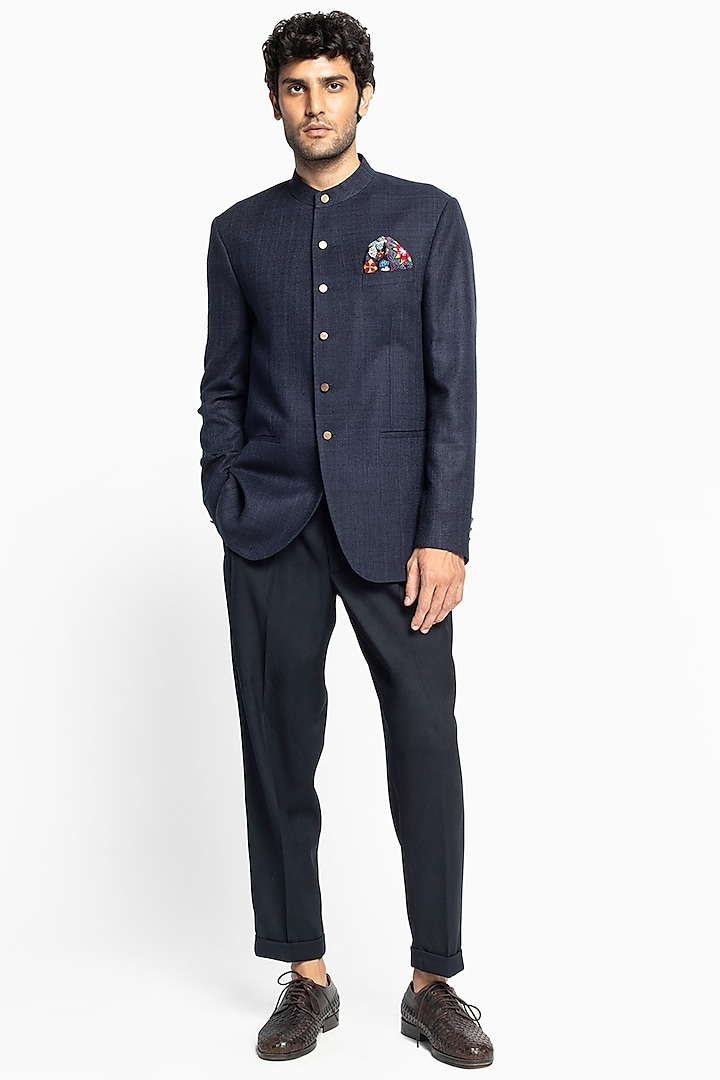 Space Blue Bandhgala Jacket Set by Divyam Mehta Men