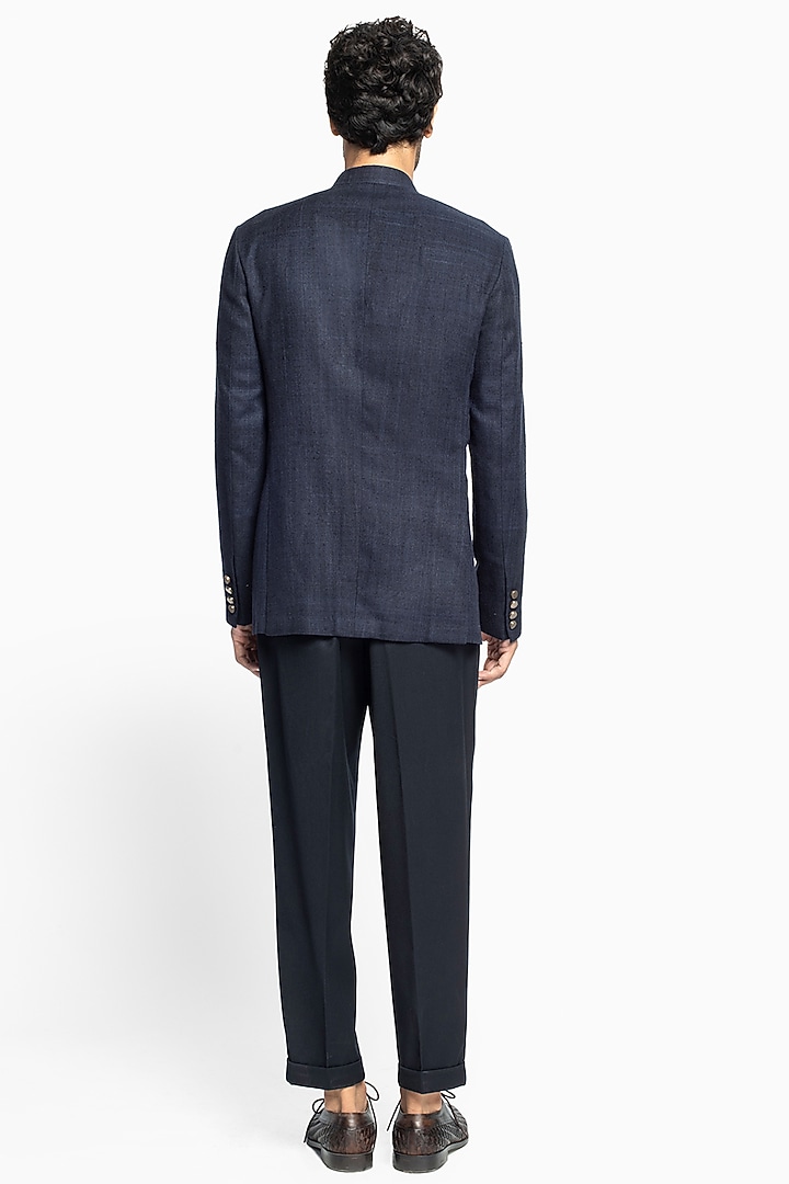 Space Blue Matka Silk Wedding Bandhgala Jacket Set by Divyam Mehta Men at Pernia's Pop Up Shop