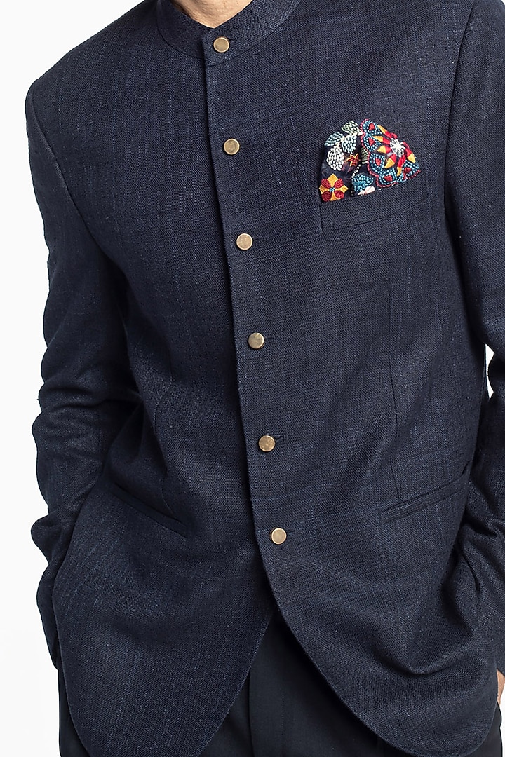 Space Blue Matka Silk Wedding Bandhgala Jacket Set by Divyam Mehta Men at Pernia's Pop Up Shop