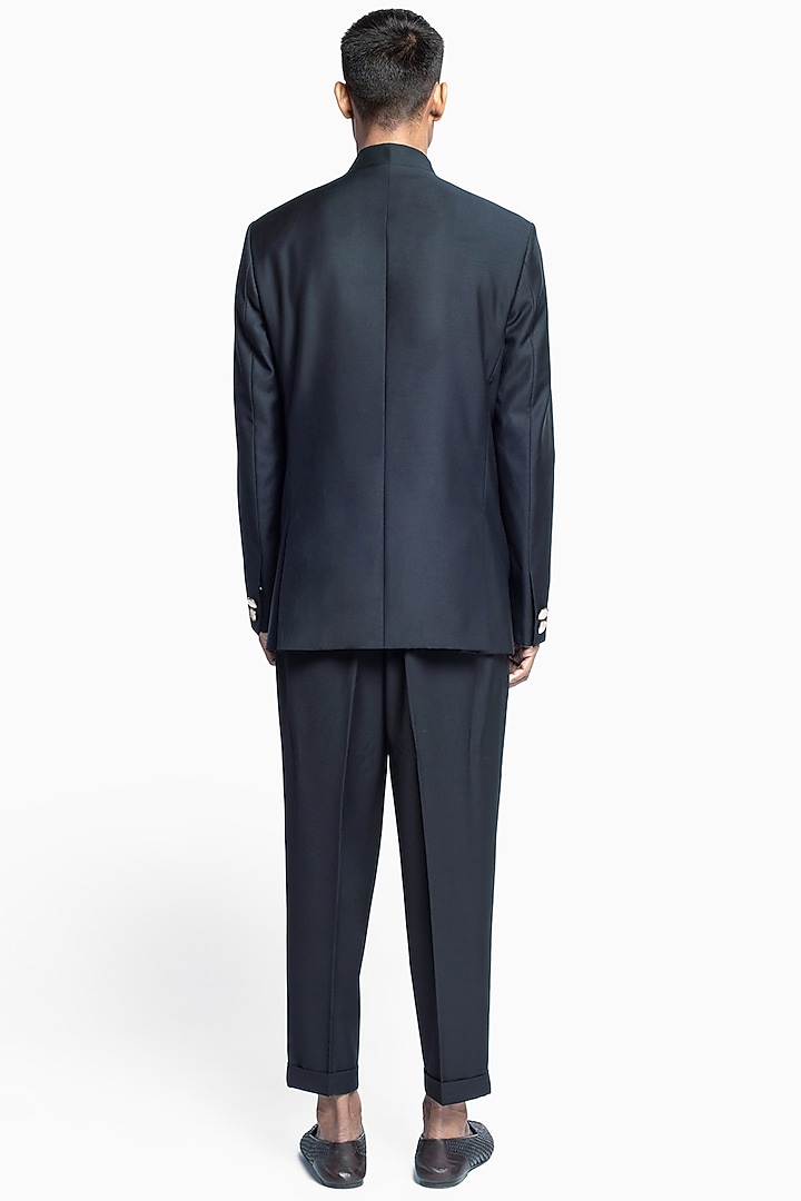 Black Italian Wool Wedding Bandhgala Set by Divyam Mehta Men at Pernia's Pop Up Shop