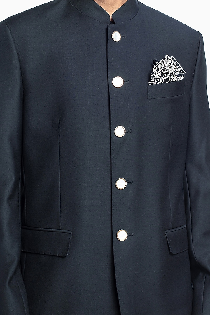 Black Italian Wool Wedding Bandhgala Set by Divyam Mehta Men at Pernia's Pop Up Shop