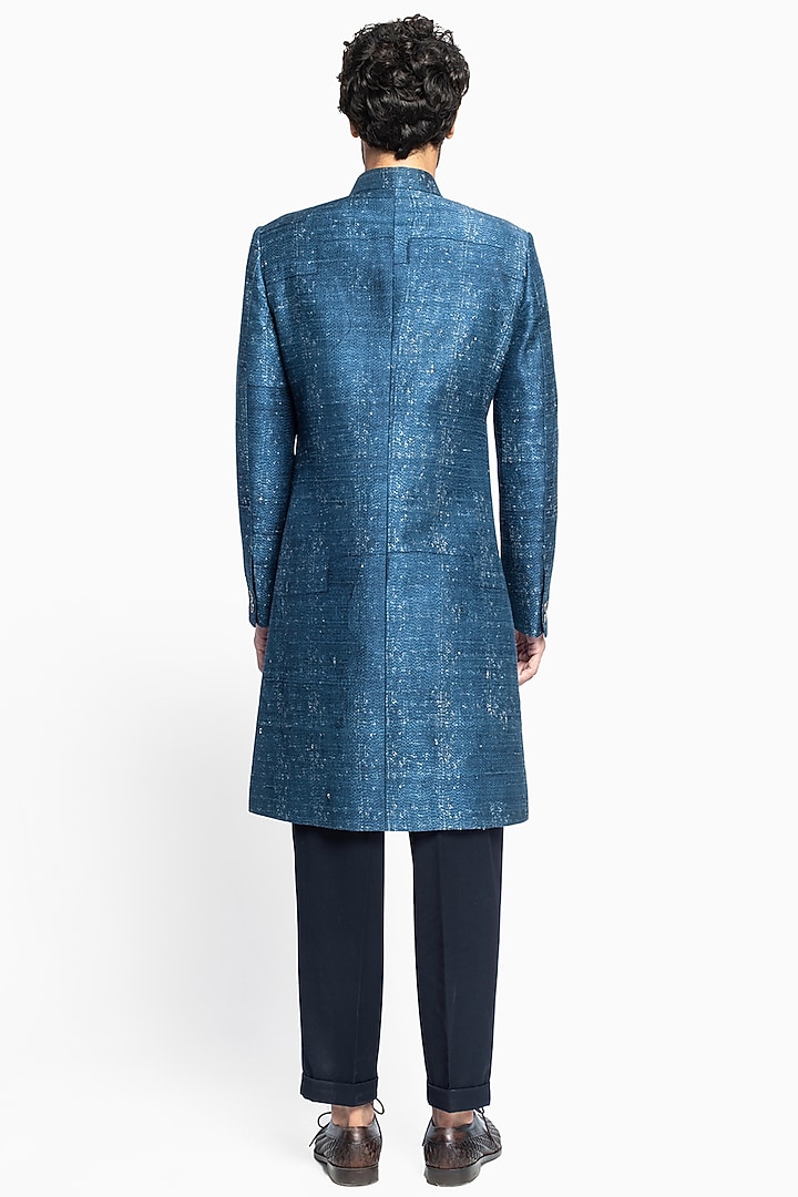 Indigo Blue Italian Wool Printed Wedding Sherwani Set by Divyam Mehta Men at Pernia's Pop Up Shop