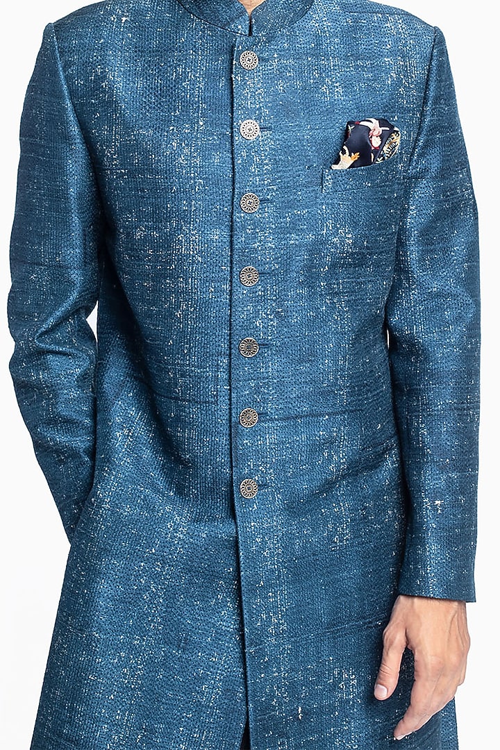 Indigo Blue Italian Wool Printed Wedding Sherwani Set by Divyam Mehta Men at Pernia's Pop Up Shop