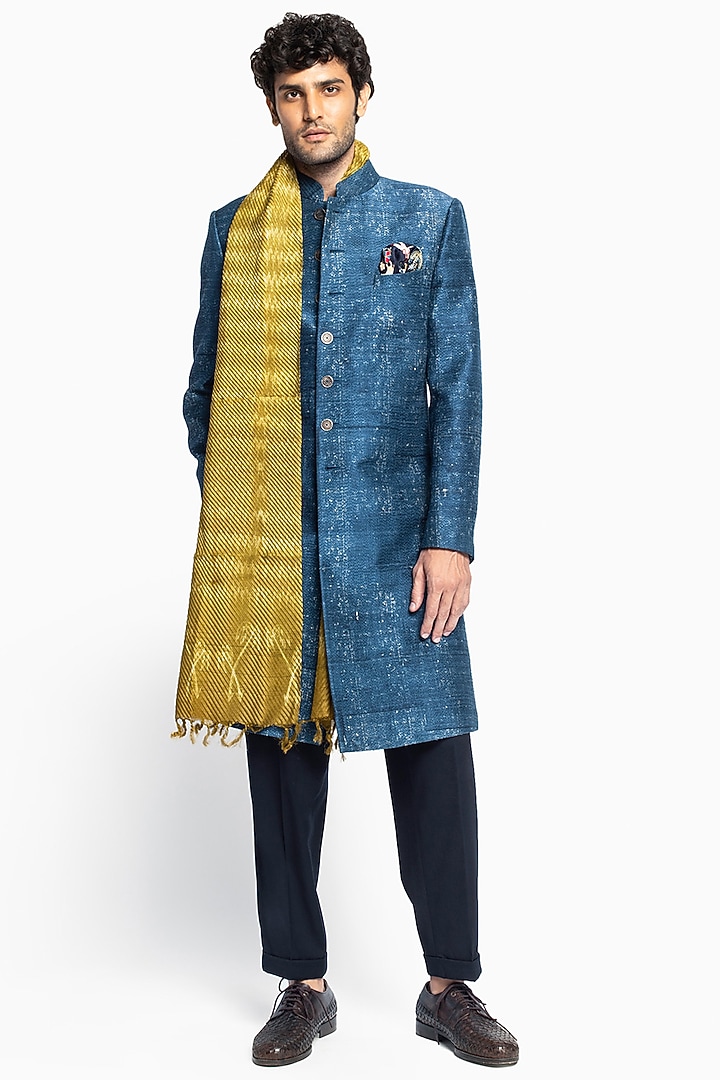 Indigo Blue Italian Wool Printed Wedding Sherwani Set by Divyam Mehta Men at Pernia's Pop Up Shop