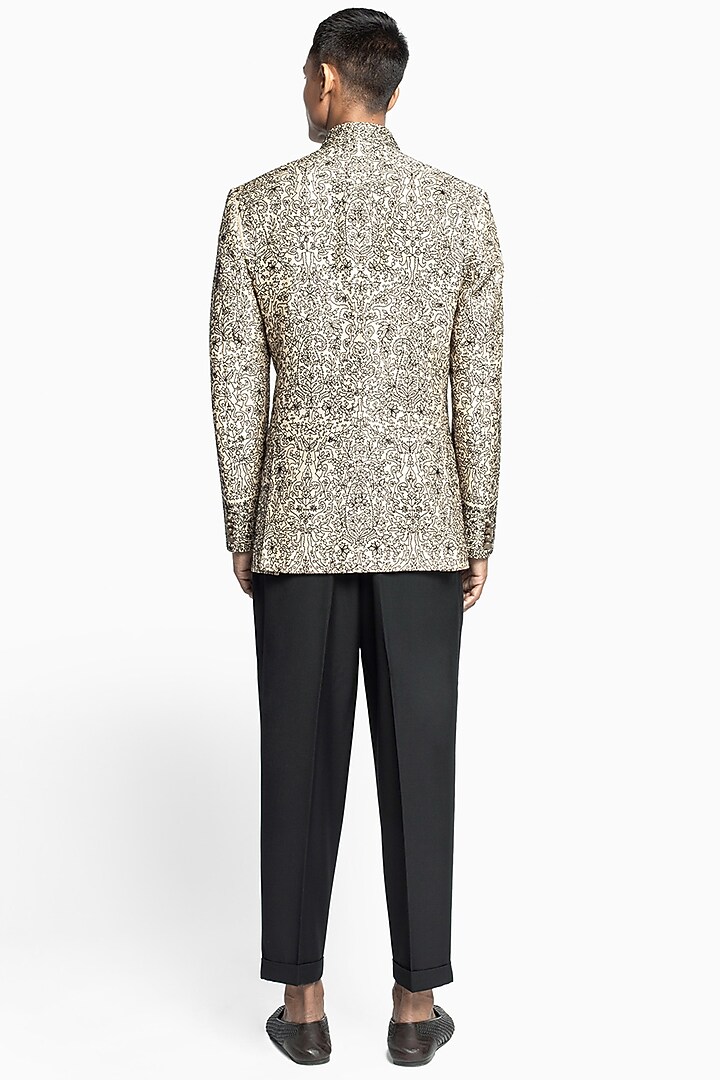 Black Raw Silk Embroidered Groom Bandhgala Jacket Set by Divyam Mehta Men at Pernia's Pop Up Shop