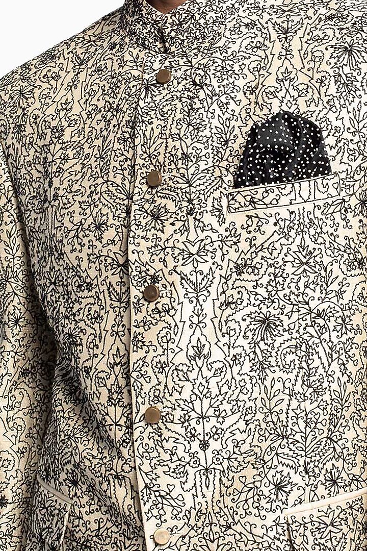 Black Raw Silk Embroidered Groom Bandhgala Jacket Set by Divyam Mehta Men at Pernia's Pop Up Shop