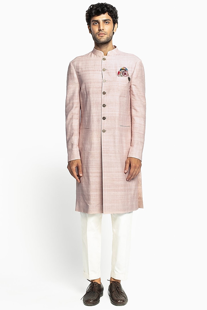 Pink & White Matka Silk Kurta Set by Divyam Mehta Men at Pernia's Pop Up Shop